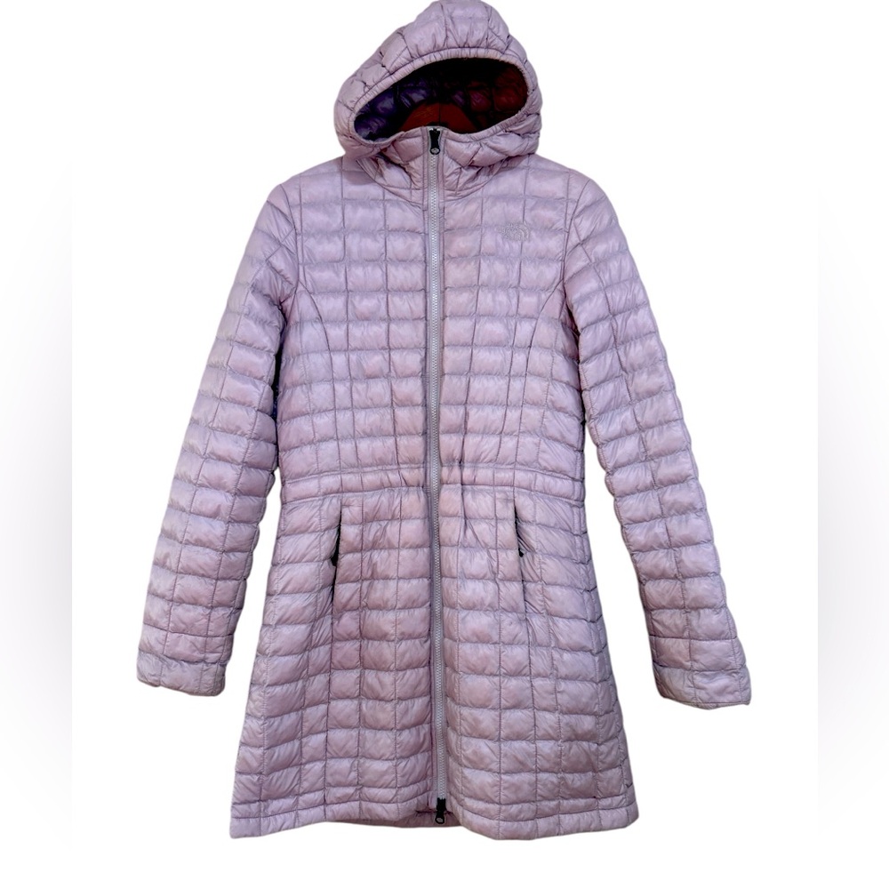 The North Face parka jacket, hooded, size small thermo ball eco, ashen purple